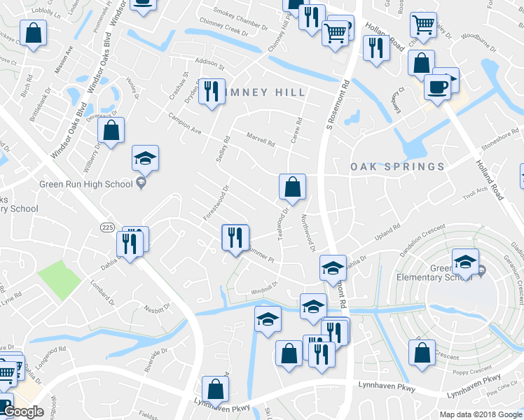 map of restaurants, bars, coffee shops, grocery stores, and more near 3800 Clearwood Court in Virginia Beach