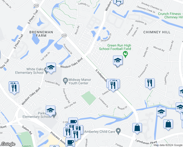 map of restaurants, bars, coffee shops, grocery stores, and more near 4021 Foxwood Drive in Virginia Beach