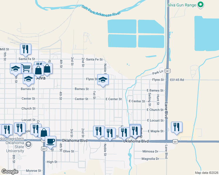 map of restaurants, bars, coffee shops, grocery stores, and more near 110 East Barnes Avenue in Alva