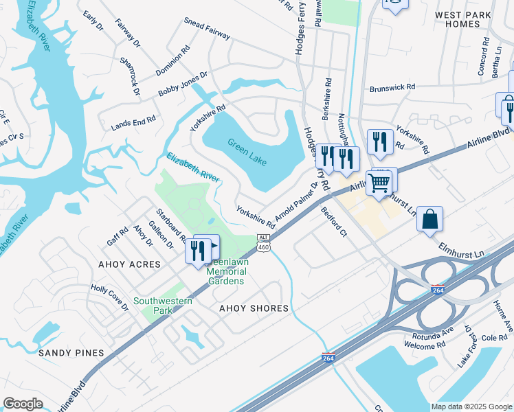 map of restaurants, bars, coffee shops, grocery stores, and more near 107 Gary Player Road in Portsmouth