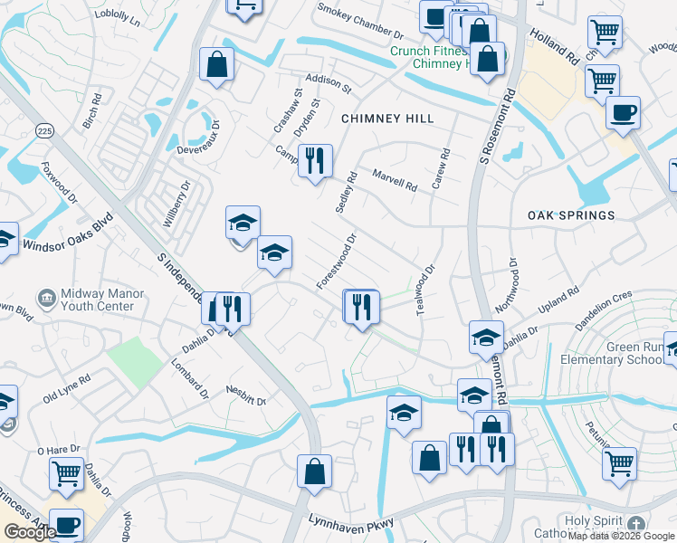 map of restaurants, bars, coffee shops, grocery stores, and more near 3848 Meadowbrook Court in Virginia Beach