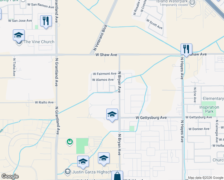 map of restaurants, bars, coffee shops, grocery stores, and more near 6542 West Acacia Avenue in Fresno