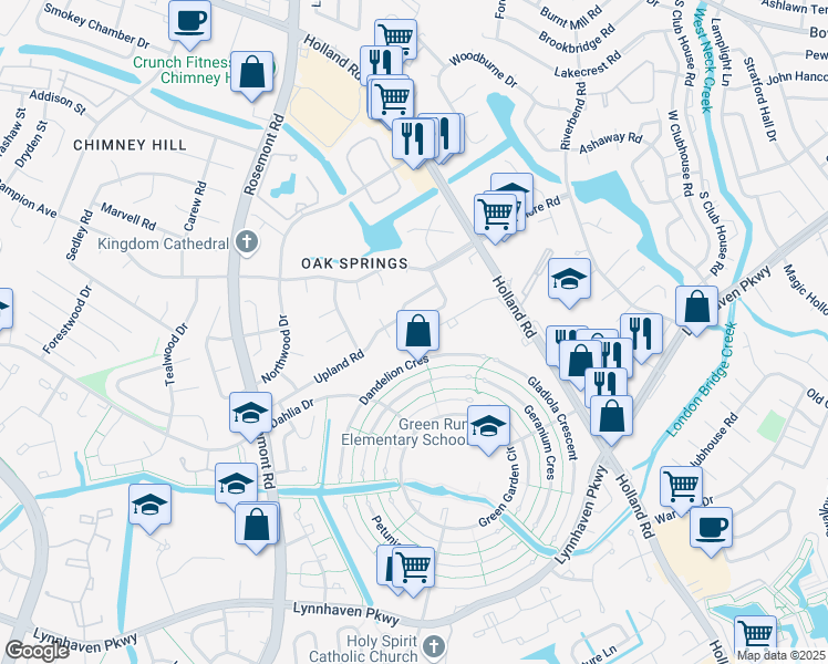 map of restaurants, bars, coffee shops, grocery stores, and more near 974 Smoke Tree Lane in Virginia Beach
