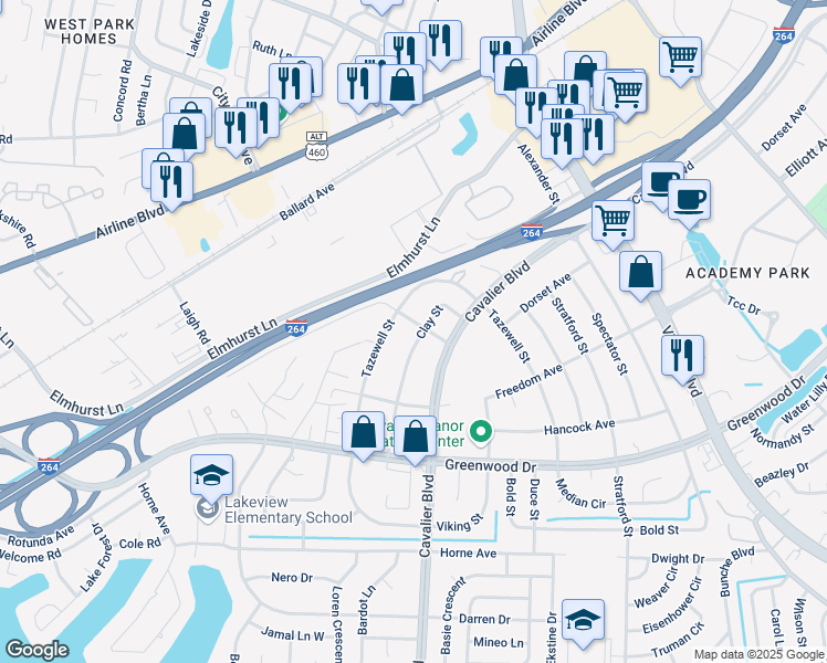 map of restaurants, bars, coffee shops, grocery stores, and more near 1000 Clay Street in Portsmouth