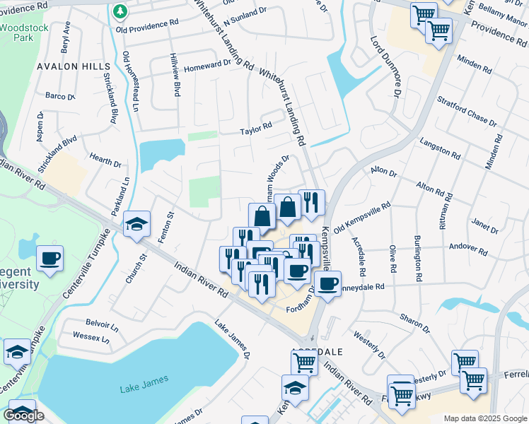 map of restaurants, bars, coffee shops, grocery stores, and more near 1141 Birnam Woods Drive in Virginia Beach