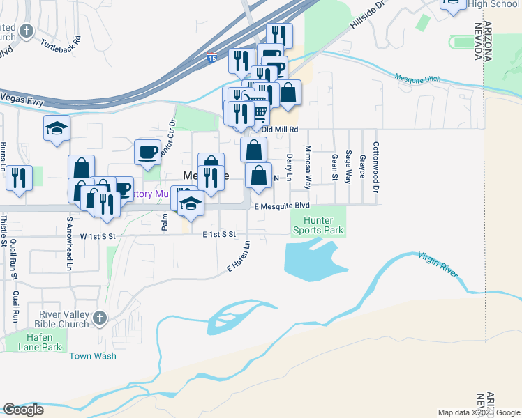 map of restaurants, bars, coffee shops, grocery stores, and more near 200 East Mesquite Boulevard in Mesquite