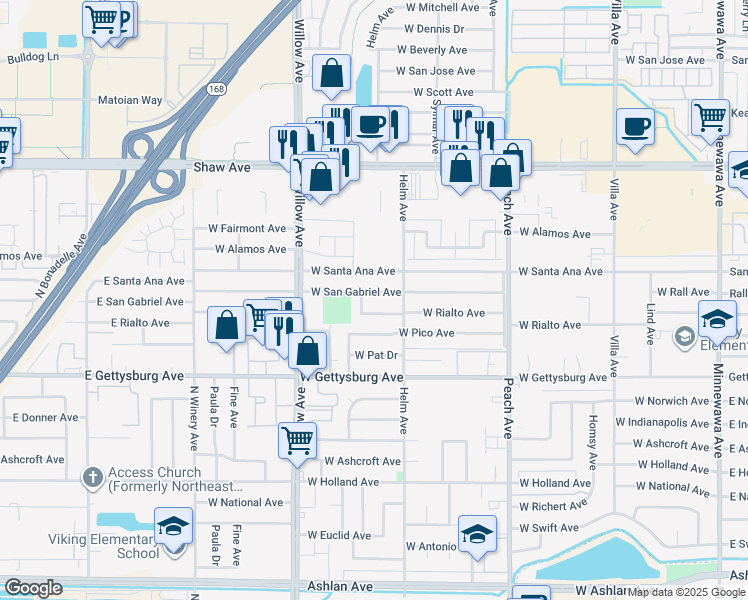 map of restaurants, bars, coffee shops, grocery stores, and more near 660 West San Gabriel Avenue in Clovis