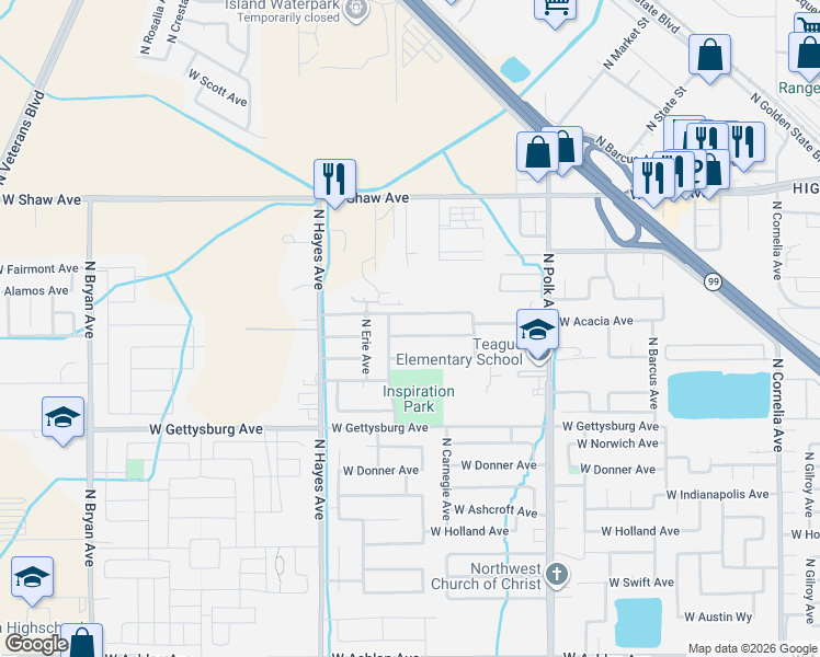 map of restaurants, bars, coffee shops, grocery stores, and more near 5798 West Acacia Avenue in Fresno