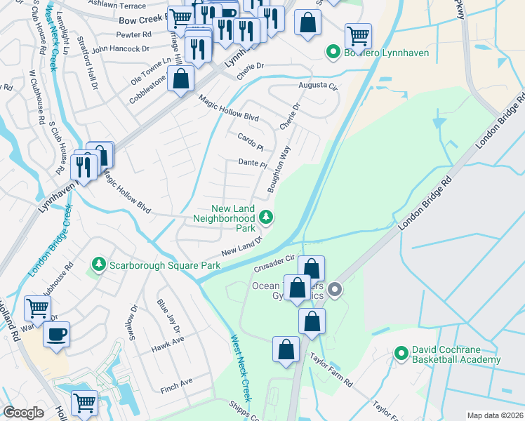 map of restaurants, bars, coffee shops, grocery stores, and more near 2900 Old Glory Road in Virginia Beach