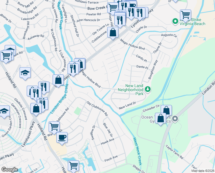 map of restaurants, bars, coffee shops, grocery stores, and more near 3004 Magic Hollow Boulevard in Virginia Beach