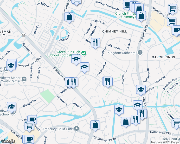 map of restaurants, bars, coffee shops, grocery stores, and more near 3856 Forestwood Court in Virginia Beach