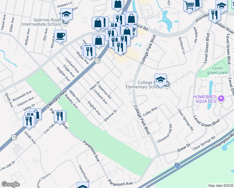 map of restaurants, bars, coffee shops, grocery stores, and more near 2104 Weber Avenue in Chesapeake