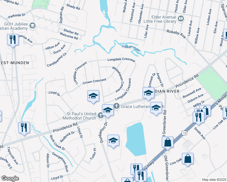 map of restaurants, bars, coffee shops, grocery stores, and more near 613 Whitehaven Crescent in Chesapeake