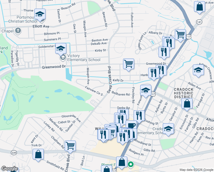 map of restaurants, bars, coffee shops, grocery stores, and more near 4300 Deep Creek Boulevard in Portsmouth