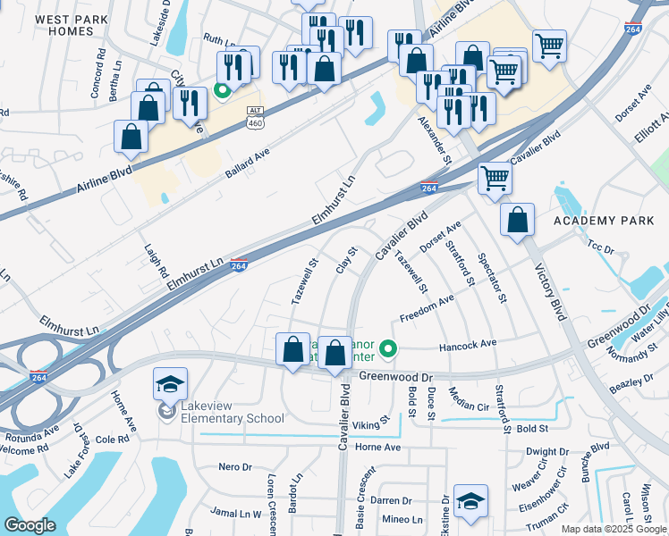 map of restaurants, bars, coffee shops, grocery stores, and more near 1000 Clay Street in Portsmouth