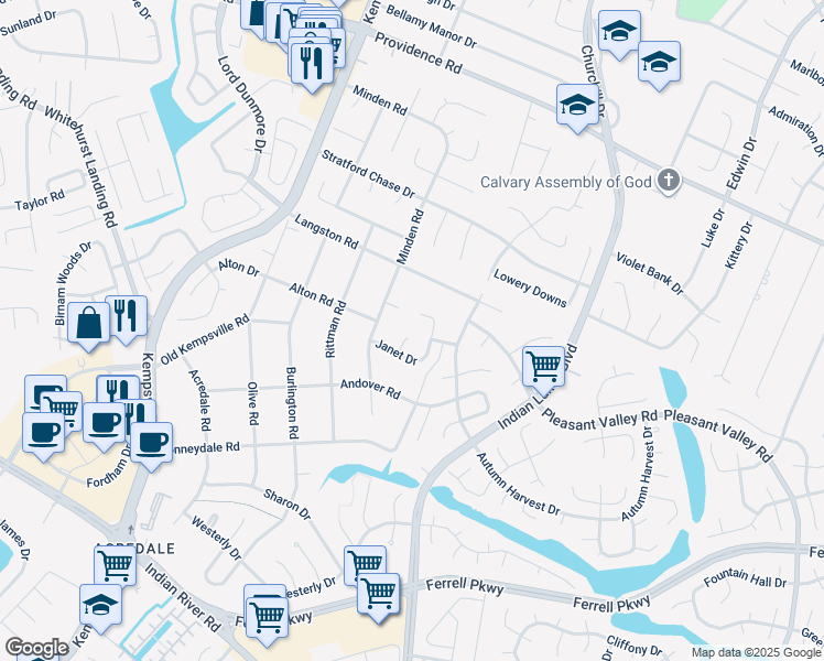 map of restaurants, bars, coffee shops, grocery stores, and more near 1085 Willowbrooke Court in Virginia Beach