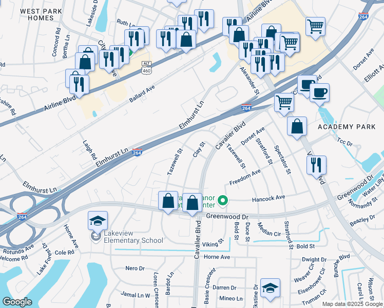map of restaurants, bars, coffee shops, grocery stores, and more near 1000 Clay Street in Portsmouth