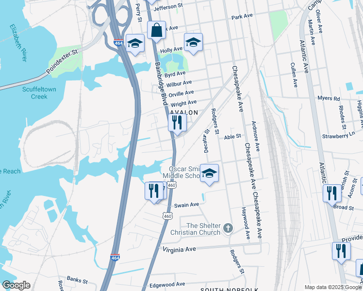 map of restaurants, bars, coffee shops, grocery stores, and more near 2129 Chesapeake Drive in Chesapeake