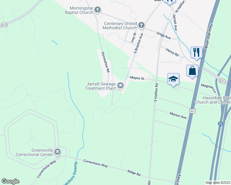 map of restaurants, bars, coffee shops, grocery stores, and more near 715 Horseshoe Road in Jarratt
