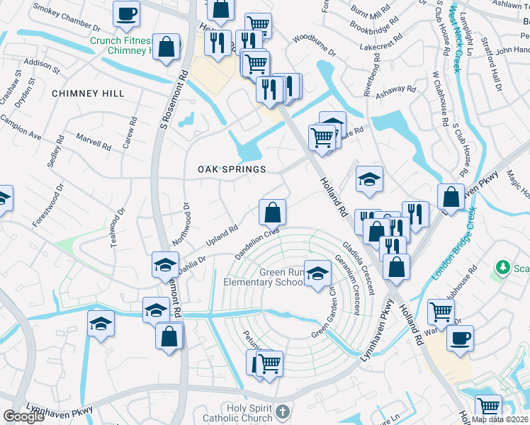 map of restaurants, bars, coffee shops, grocery stores, and more near 974 Smoke Tree Lane in Virginia Beach