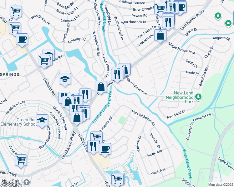 map of restaurants, bars, coffee shops, grocery stores, and more near 3242 Creekside Dr in Virginia Beach