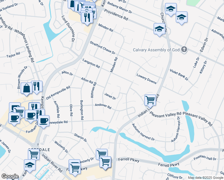 map of restaurants, bars, coffee shops, grocery stores, and more near 1085 Willowbrooke Court in Virginia Beach