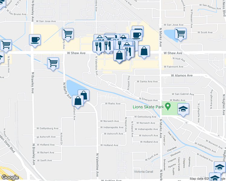 map of restaurants, bars, coffee shops, grocery stores, and more near 4597 North Emerson Avenue in Fresno