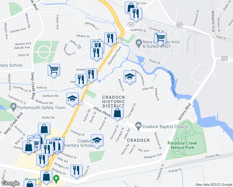 map of restaurants, bars, coffee shops, grocery stores, and more near 7 Decatur Street in Portsmouth