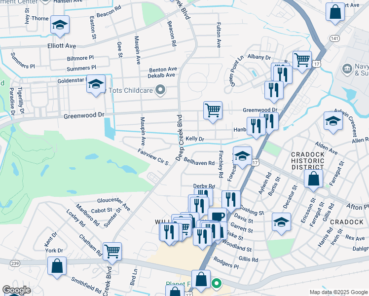 map of restaurants, bars, coffee shops, grocery stores, and more near 4301 Deep Creek Boulevard in Portsmouth