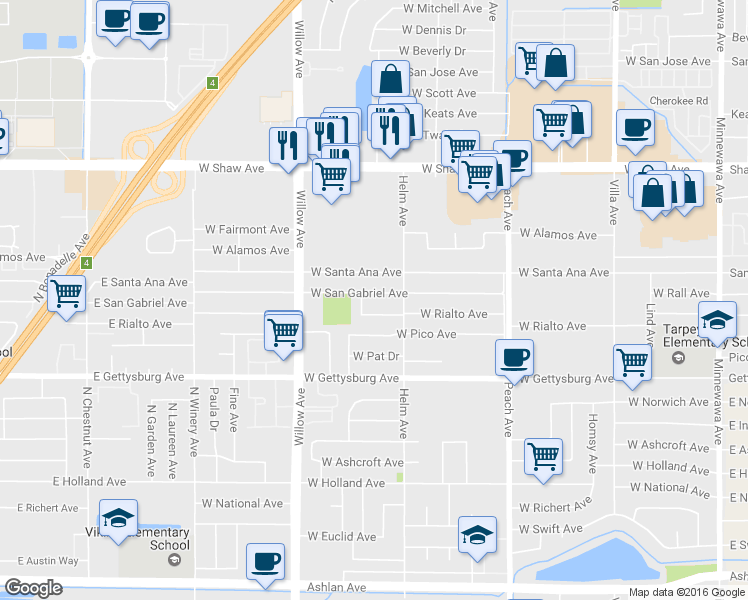 map of restaurants, bars, coffee shops, grocery stores, and more near 660 West San Gabriel Avenue in Clovis