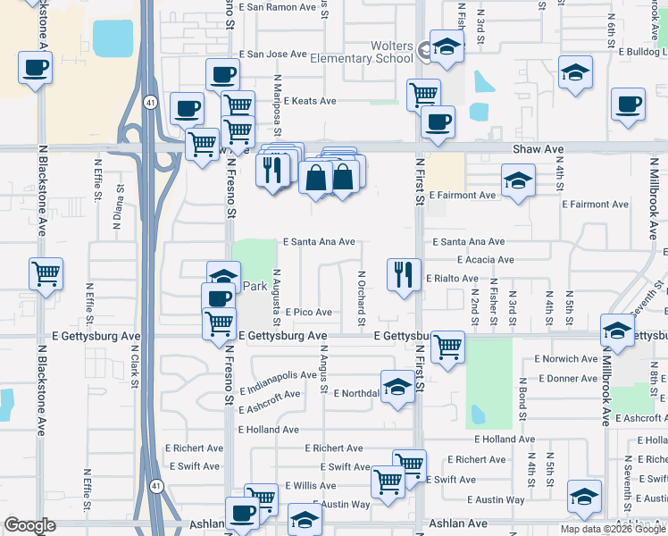 map of restaurants, bars, coffee shops, grocery stores, and more near 4743 North Callisch Avenue in Fresno
