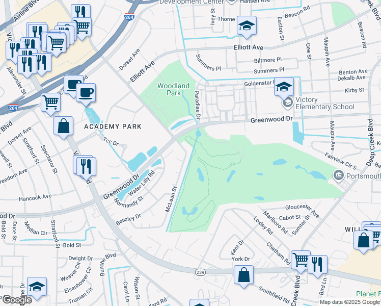 map of restaurants, bars, coffee shops, grocery stores, and more near 515 McLean Street in Portsmouth