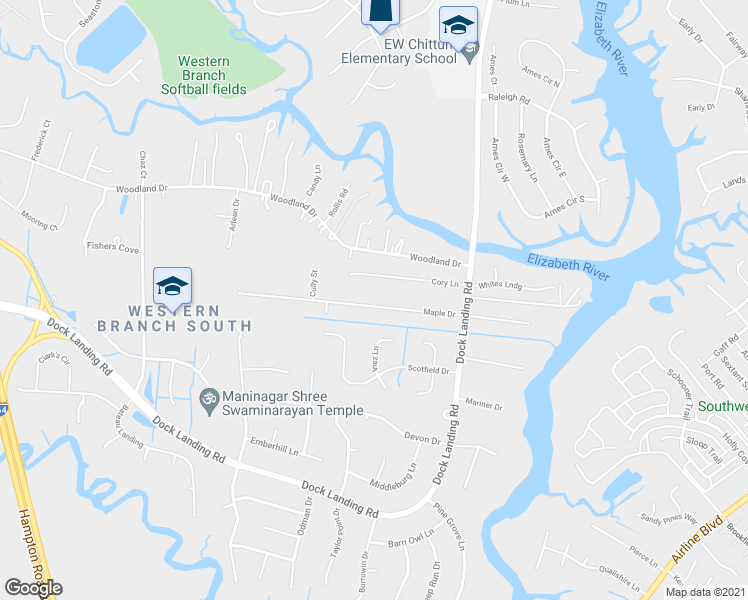 map of restaurants, bars, coffee shops, grocery stores, and more near 4044 Maple Drive in Chesapeake