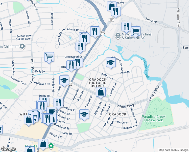 map of restaurants, bars, coffee shops, grocery stores, and more near 25 Cushing Street in Portsmouth