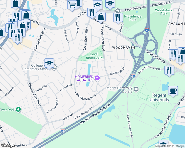 map of restaurants, bars, coffee shops, grocery stores, and more near 6004 Edgelake Drive in Virginia Beach