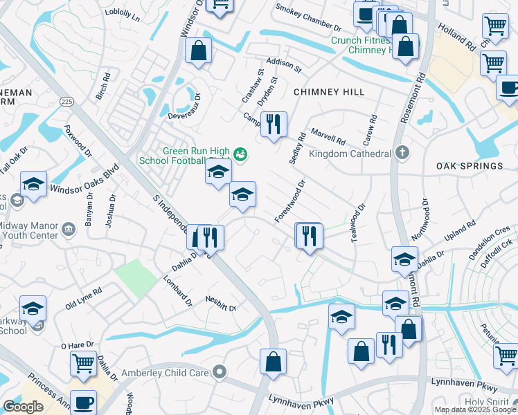 map of restaurants, bars, coffee shops, grocery stores, and more near 3856 Forestwood Court in Virginia Beach