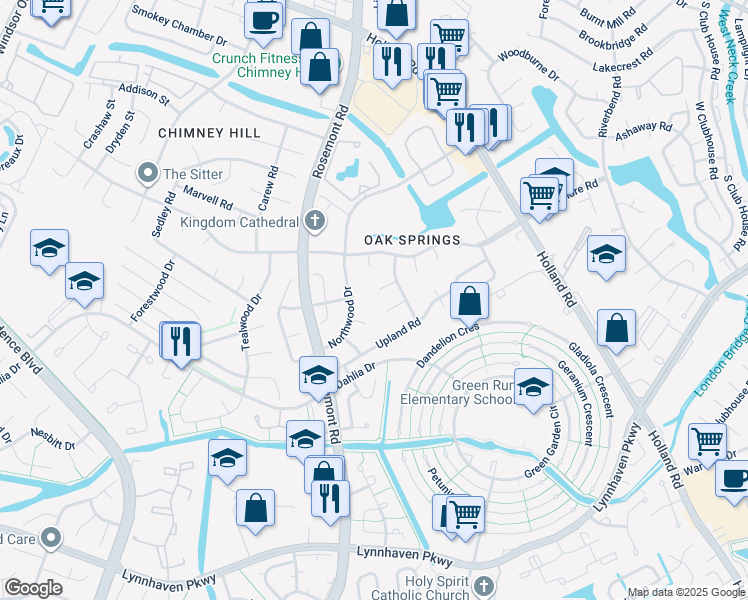 map of restaurants, bars, coffee shops, grocery stores, and more near 3721 Oak Creek Court in Virginia Beach