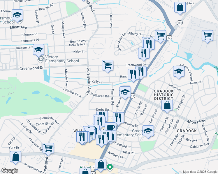 map of restaurants, bars, coffee shops, grocery stores, and more near 216 Ashburn Rd in Portsmouth