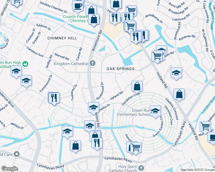 map of restaurants, bars, coffee shops, grocery stores, and more near 3789 Ridgeview Court in Virginia Beach