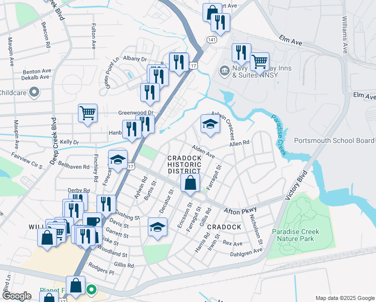 map of restaurants, bars, coffee shops, grocery stores, and more near 4 Decatur Street in Portsmouth