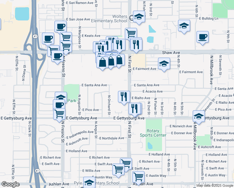 map of restaurants, bars, coffee shops, grocery stores, and more near 4747 North First Street in Fresno
