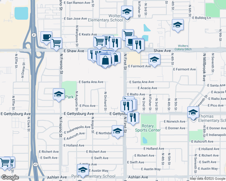 map of restaurants, bars, coffee shops, grocery stores, and more near 4747 North 1st Street in Fresno