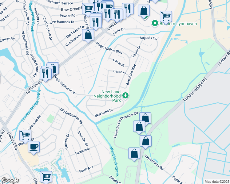 map of restaurants, bars, coffee shops, grocery stores, and more near 2900 Guther Place in Virginia Beach