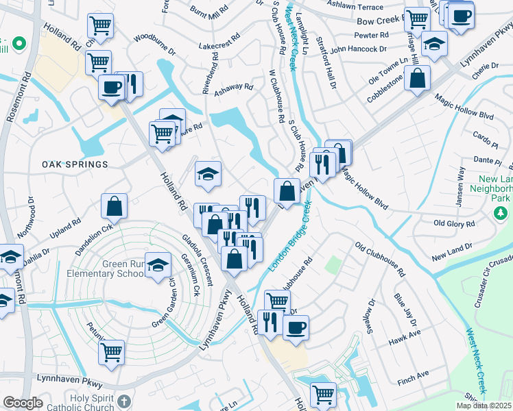 map of restaurants, bars, coffee shops, grocery stores, and more near 3313 Waterman Road in Virginia Beach