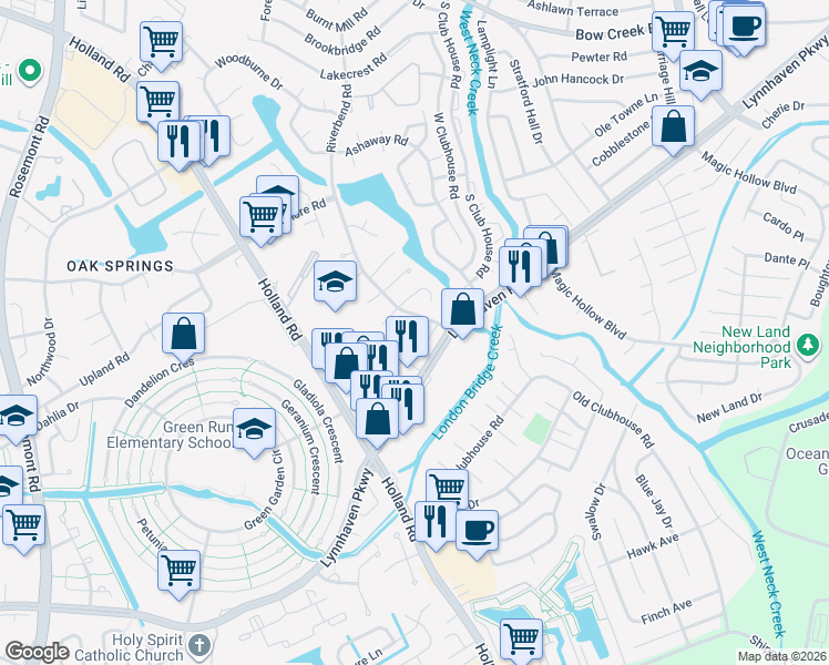 map of restaurants, bars, coffee shops, grocery stores, and more near 3313 Waterman Road in Virginia Beach