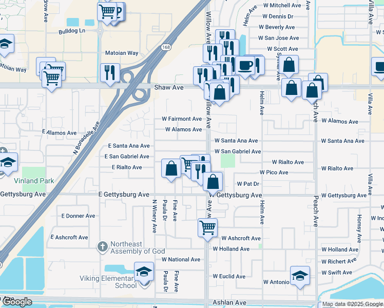 map of restaurants, bars, coffee shops, grocery stores, and more near 852 West San Gabriel Avenue in Clovis