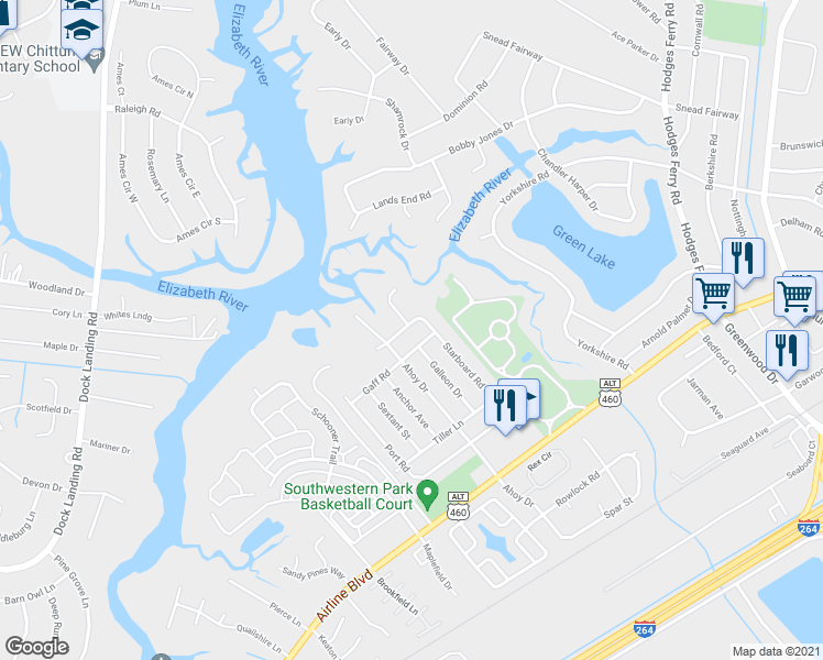 map of restaurants, bars, coffee shops, grocery stores, and more near 4017 Starboard Road in Chesapeake