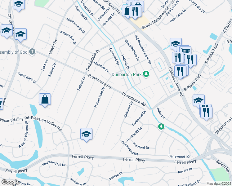 map of restaurants, bars, coffee shops, grocery stores, and more near 1100 Glenside Drive in Virginia Beach