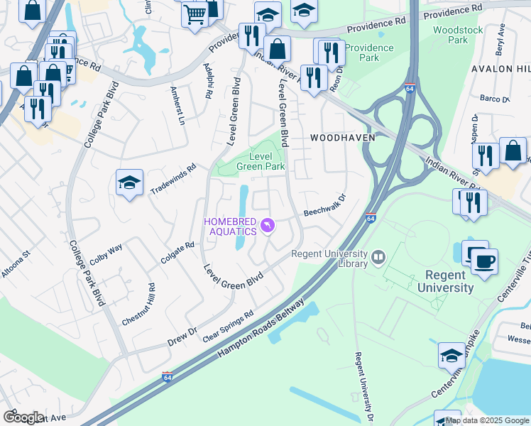 map of restaurants, bars, coffee shops, grocery stores, and more near 6004 Edgelake Drive in Virginia Beach