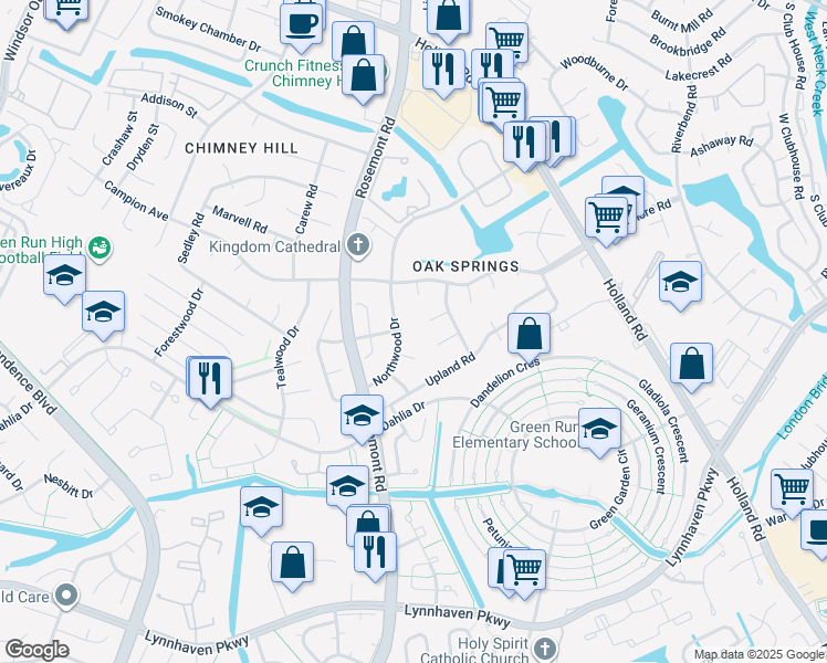 map of restaurants, bars, coffee shops, grocery stores, and more near 3789 Ridgeview Court in Virginia Beach